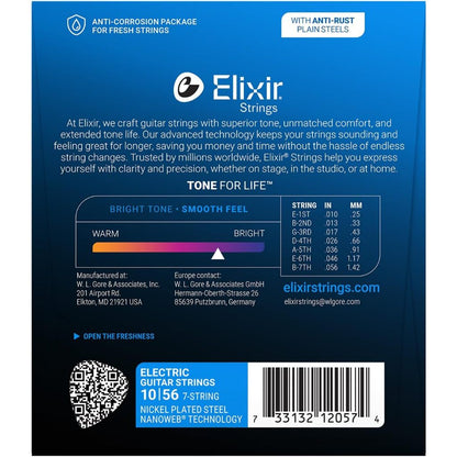 Elixir Strings packaging with product details on a blue background