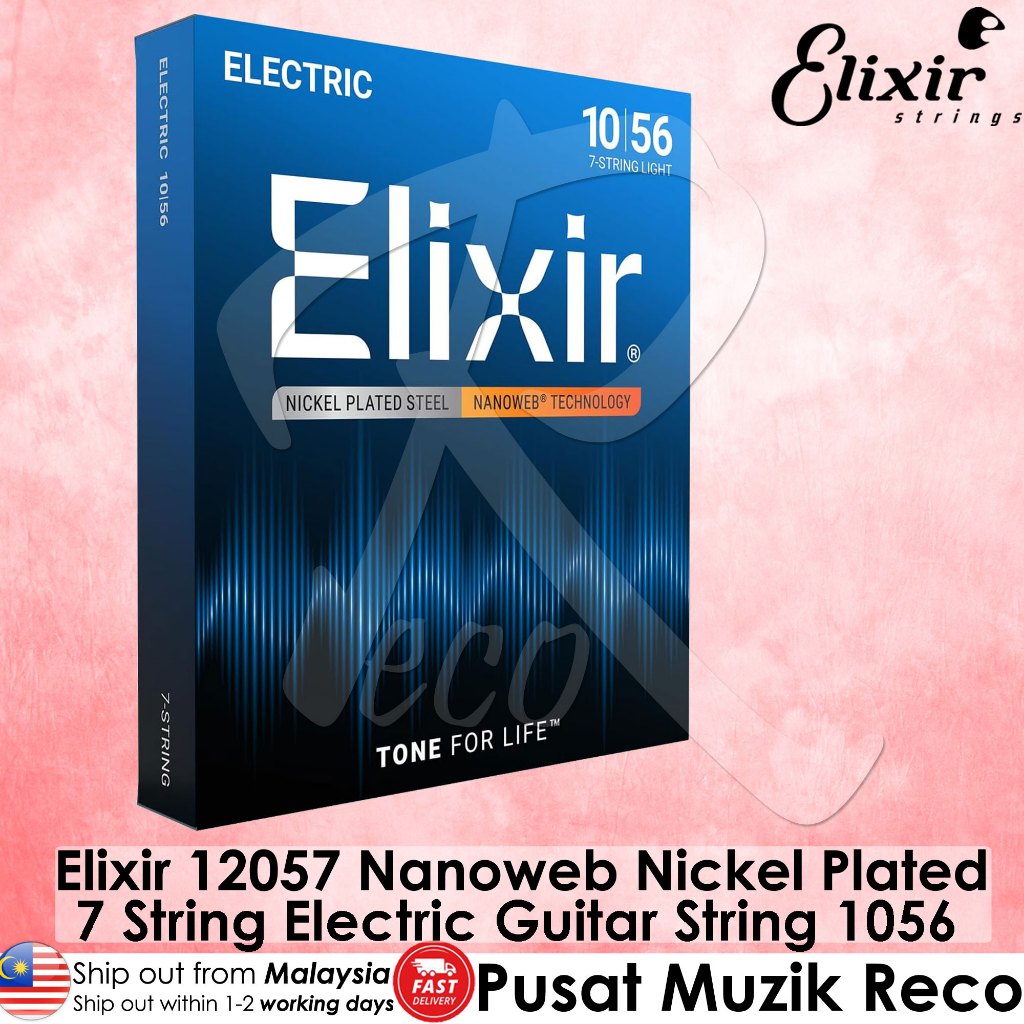 Elixir electric guitar string packaging on a pink background