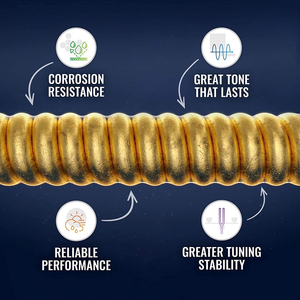 Gold spiral with text on corrosion resistance, tone, performance, and tuning stability against a dark blue background.