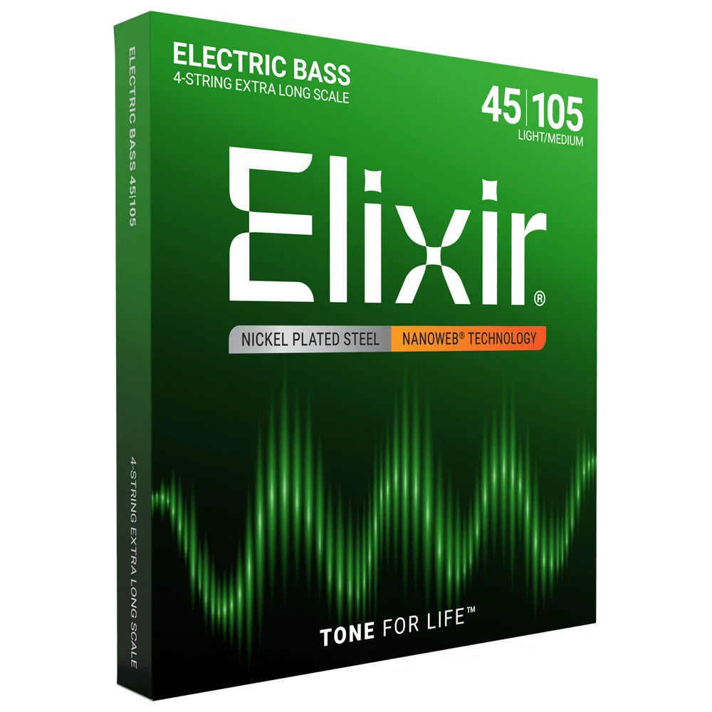 Elixir electric bass strings packaging on a white background