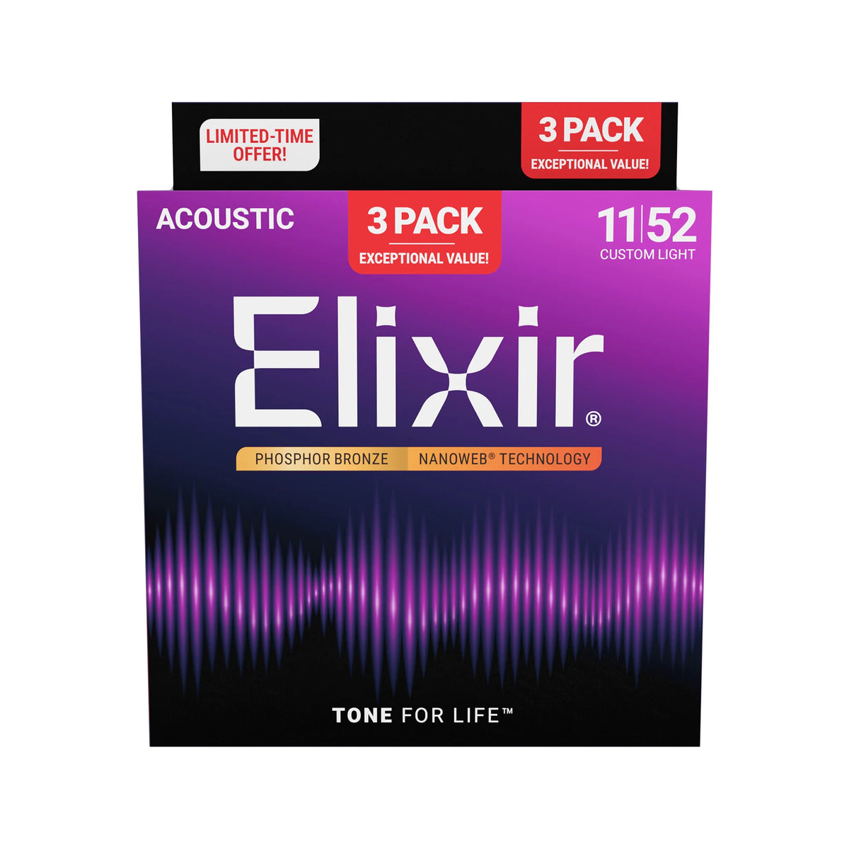 Elixir acoustic guitar strings 3-pack packaging on a white background