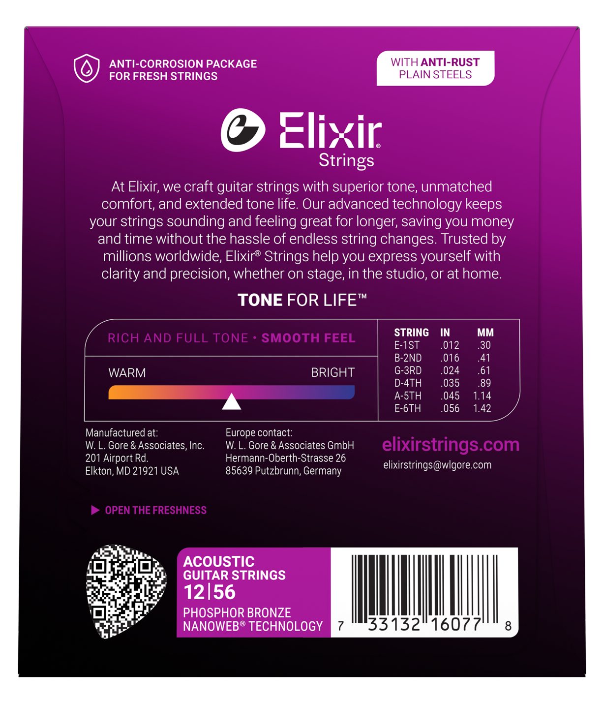 Elixir Strings packaging with product details on a purple background