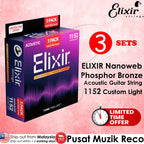 Elixir acoustic guitar string packaging with promotional text on a pink background