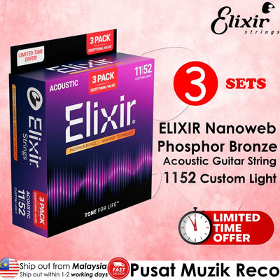 Elixir acoustic guitar string packaging with promotional text on a pink background