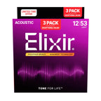 Elixir acoustic guitar strings 3-pack packaging with purple and black design