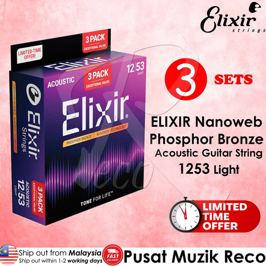 Elixir acoustic guitar string packaging with promotional text on a pink background