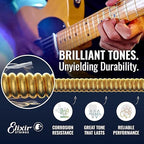 Guitar playing with Elixir Strings branding and product features on a dark background