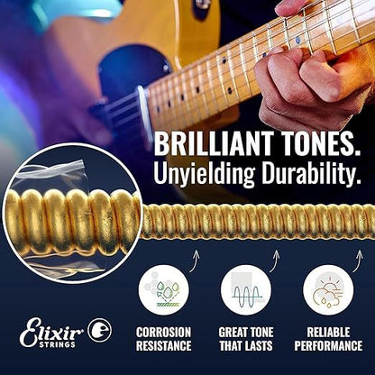 Guitar playing with Elixir Strings branding and product features on a dark background