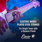 Person playing an electric guitar with text about Elixir Strings on a blue background