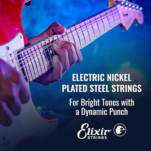 Person playing an electric guitar with text about Elixir Strings on a blue background