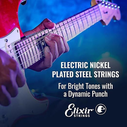 Person playing an electric guitar with text about Elixir Strings on a blue background