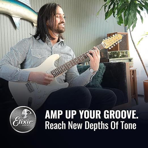 Man playing a guitar with promotional text and Elixir logo