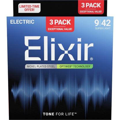 Elixir electric guitar strings 3-pack packaging with blue and black design