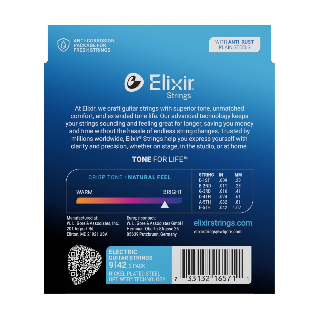 Elixir Strings packaging with product details on a blue background