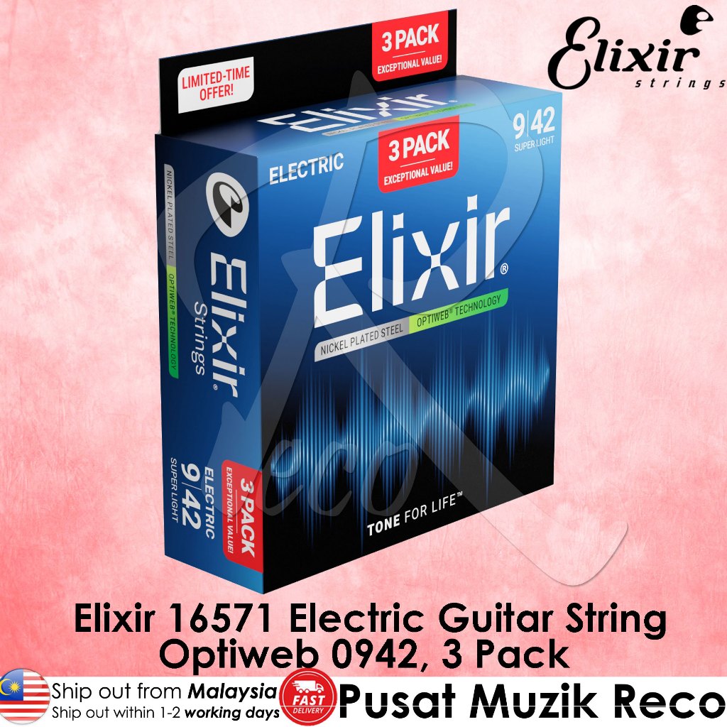 Elixir electric guitar string packaging on a pink background