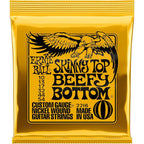Ernie Ball Skinny Top Beefy Bottom custom gauge nickel wound guitar strings in a shiny gold foil package with a black eagle graphic.