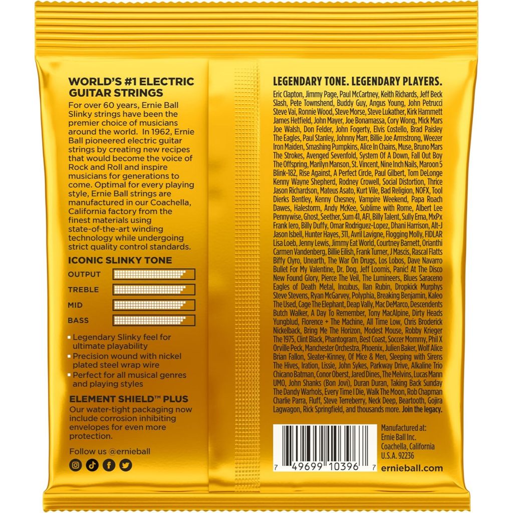 Back view of a gold-colored Ernie Ball electric guitar string package, showing product details, specifications, ingredient information, and a barcode.
