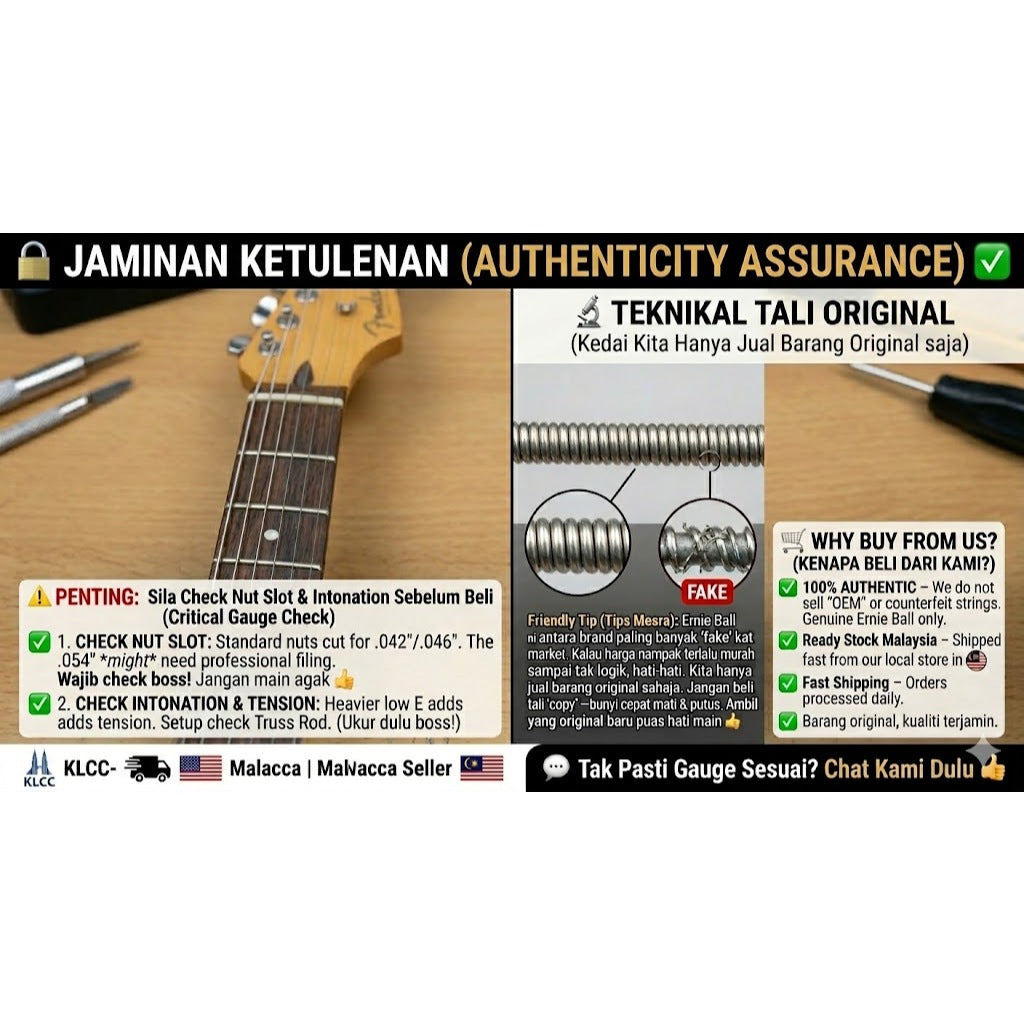 Promotional graphic for a guitar nut slot and intonation adjustment service in Malacca, Malaysia. The left side shows a close-up of a guitar headstock and fretboard with a nut slot being worked on.