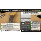 Promotional graphic for a guitar nut slot and intonation adjustment service in Malacca, Malaysia. The left side shows a close-up of a guitar headstock and fretboard with a nut slot being worked on.