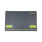 A dark gray gaming mouse pad with lime green accents, featuring the 'ERAN RAIL' brand logo in the top right corner, a measurement ruler along the bottom edge, and two rectangular zones on the lower half.