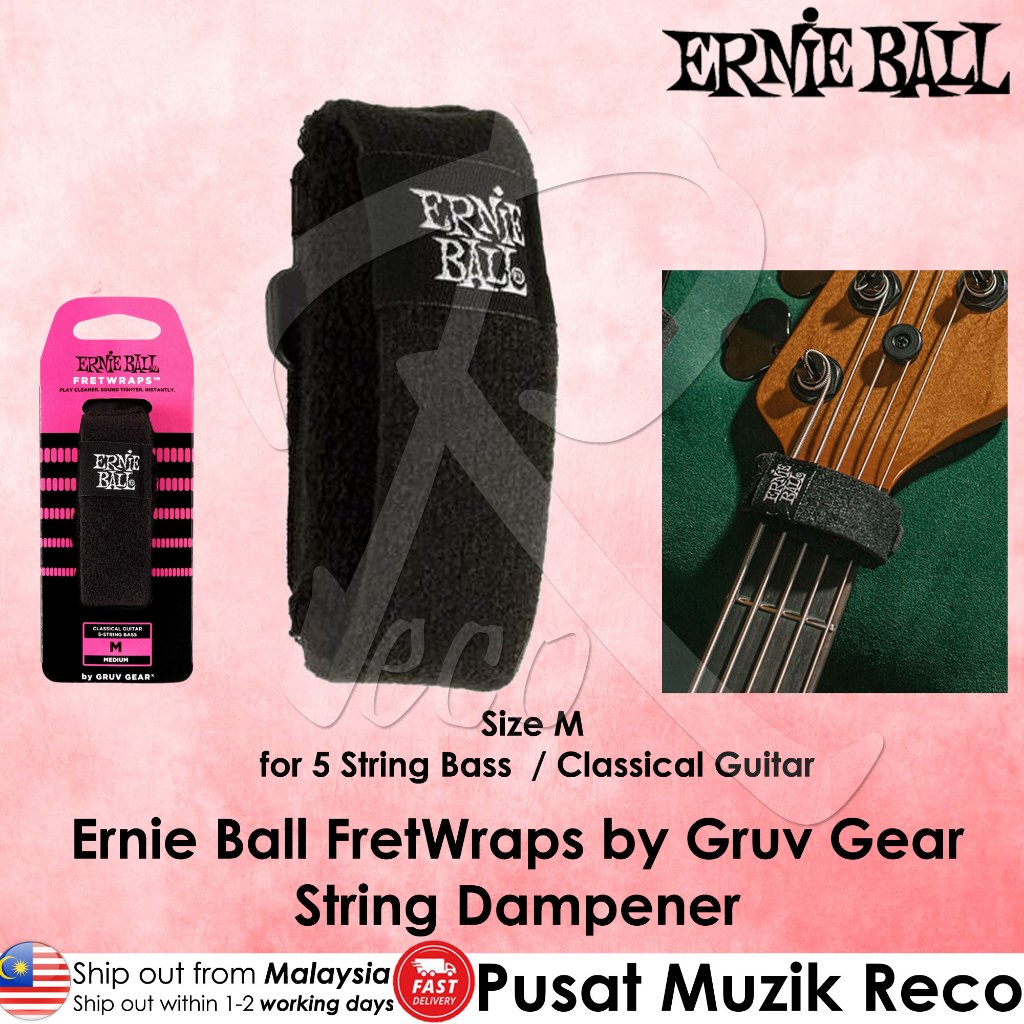 Ernie Ball fret wrap string dampener shown in a product layout with its retail packaging on the left, the main black dampener on the right, and a lifestyle inset photo of a bass guitar neck wearing the dampener on a green headstock. The background is a textured light pink.