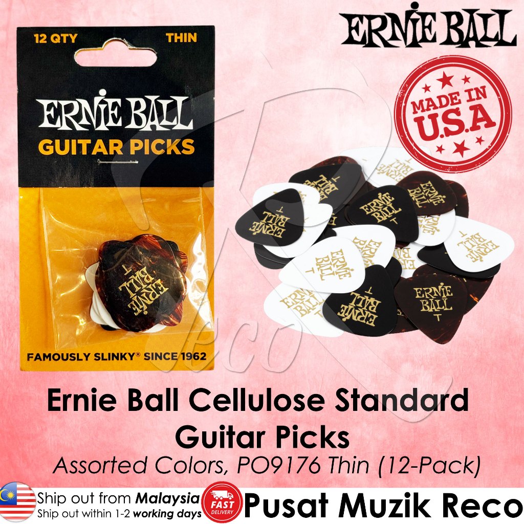 Ernie Ball Cellulose Standard guitar picks in a 12-pack, shown both inside their retail packaging and as a loose pile of assorted colors. The packaging is black and yellow, and the loose picks are a mix of black, white, and other colors printed with the Ernie Ball logo.