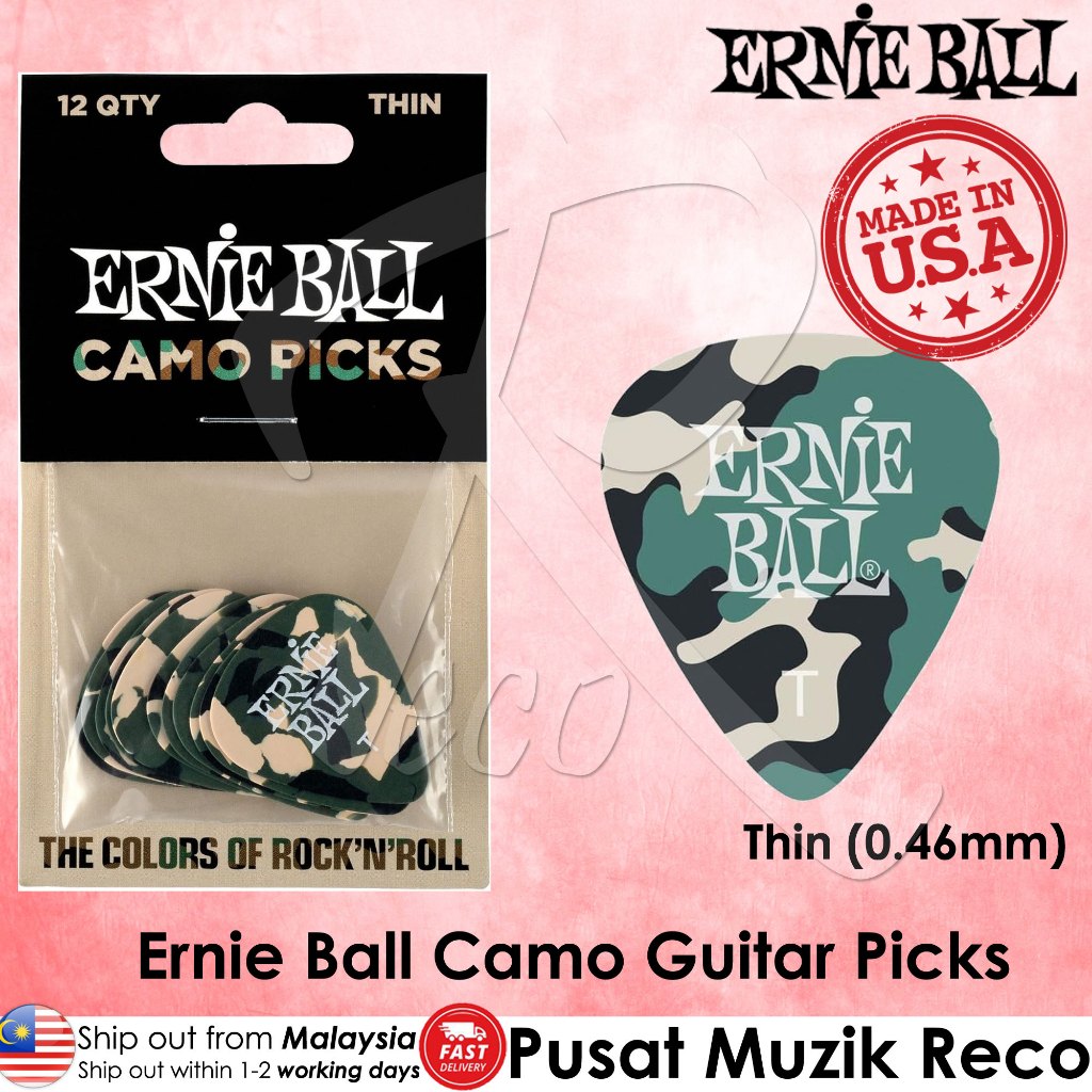 Ernie Ball camo guitar picks shown both in retail packaging and as a single pick. The product features a green, beige, and black camouflage pattern with 'Ernie Ball' printed in white.