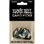 Ernie Ball Camo Picks in a clear plastic blister pack with a black cardboard header. The picks have a green and beige camouflage pattern with the 'Ernie Ball' logo printed on them.