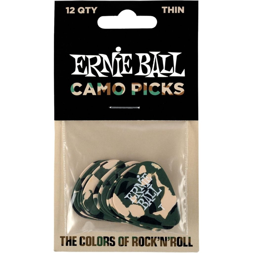 Ernie Ball Camo Picks in a clear plastic blister pack with a black cardboard header. The picks have a green and beige camouflage pattern with the 'Ernie Ball' logo printed on them.