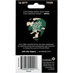 Back of a retail package card for Ernie Ball camouflage plastic guitar picks, showing product text, a barcode, and a green camouflage pick graphic with the Ernie Ball logo.