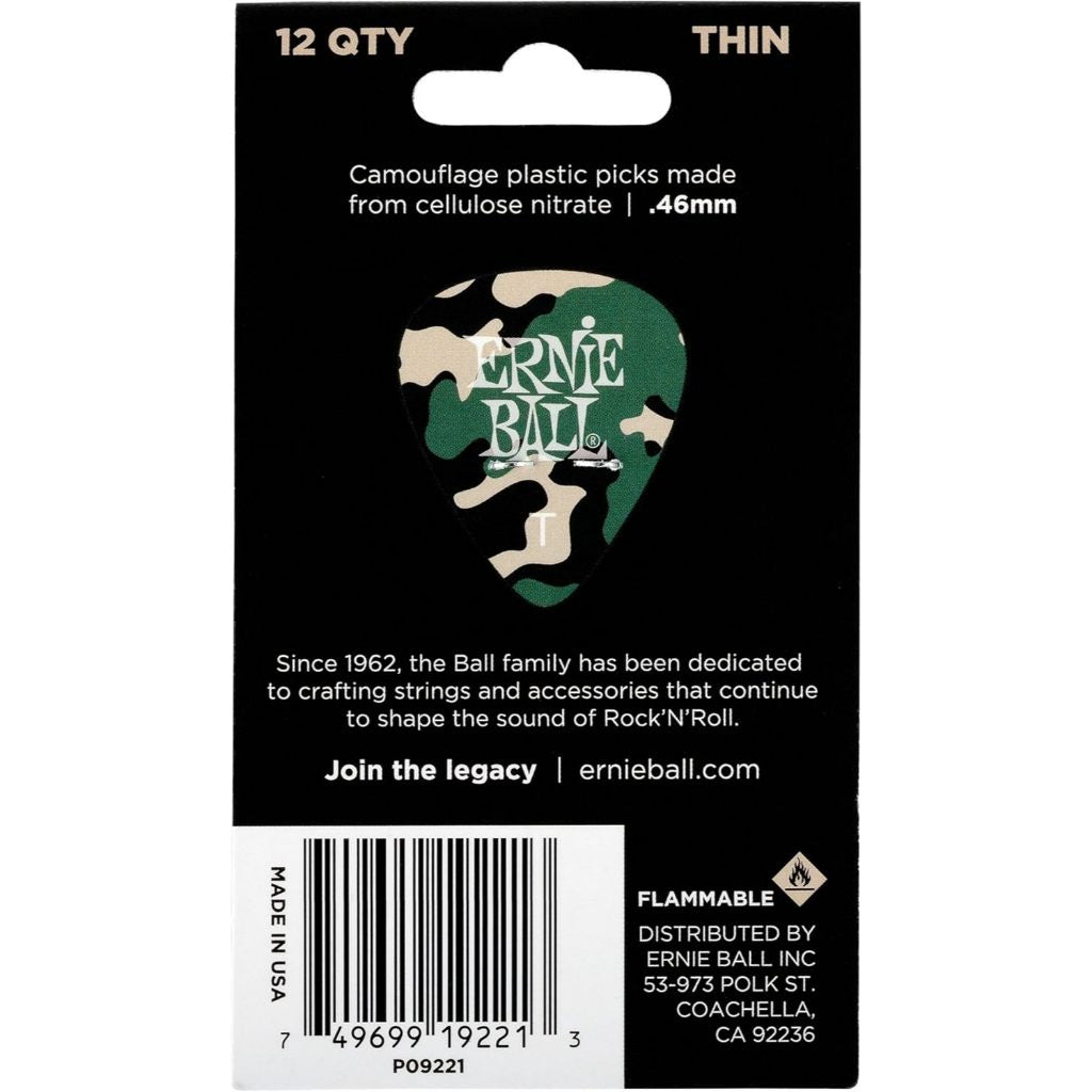 Back of a retail package card for Ernie Ball camouflage plastic guitar picks, showing product text, a barcode, and a green camouflage pick graphic with the Ernie Ball logo.