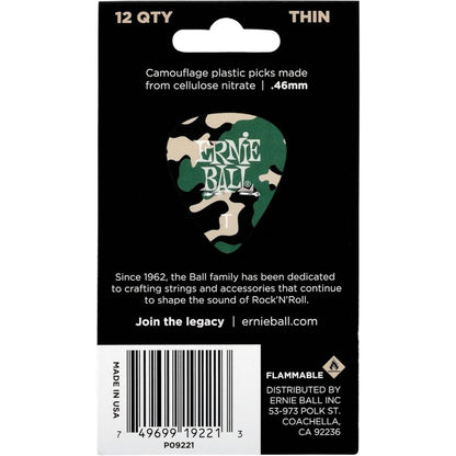 Back of a retail package card for Ernie Ball camouflage plastic guitar picks, showing product text, a barcode, and a green camouflage pick graphic with the Ernie Ball logo.