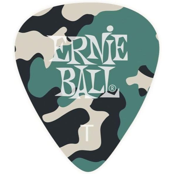 Ernie Ball guitar pick with a green, black, and beige camouflage pattern and white text.