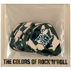 A pack of guitar picks in a clear plastic sleeve, featuring a green and beige camouflage pattern with the text 'EPIC BELL' on the top pick and 'THE COLORS OF ROCK 'N' ROLL' printed at the bottom.