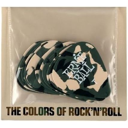 A pack of guitar picks in a clear plastic sleeve, featuring a green and beige camouflage pattern with the text 'EPIC BELL' on the top pick and 'THE COLORS OF ROCK 'N' ROLL' printed at the bottom.
