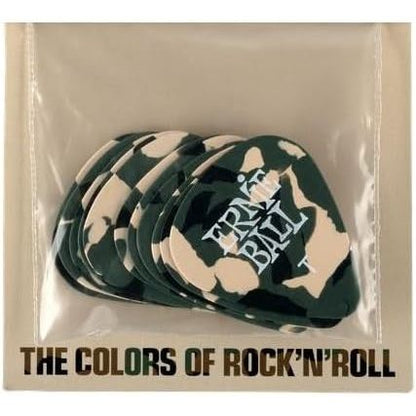 A pack of guitar picks in a clear plastic sleeve, featuring a green and beige camouflage pattern with the text 'EPIC BELL' on the top pick and 'THE COLORS OF ROCK 'N' ROLL' printed at the bottom.
