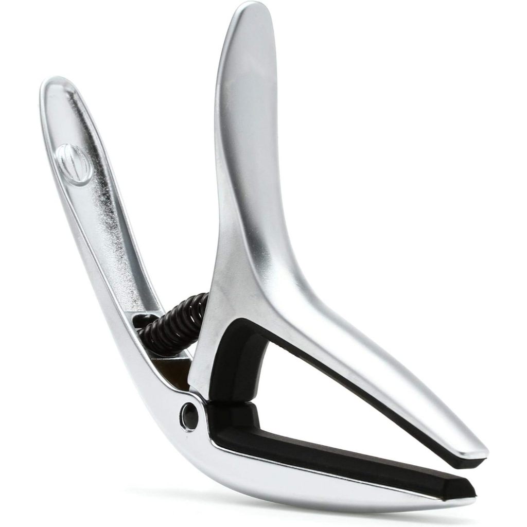 A polished silver metal spring clamp with black rubber pads inside the jaws, shown on a clean white background.