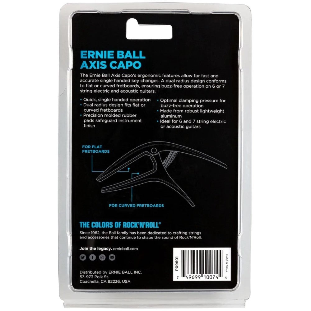 Ernie Ball Axis Capo product packaging shown from the back, featuring a black label with blue text, product description, a line drawing of the capo tool, and a barcode.
