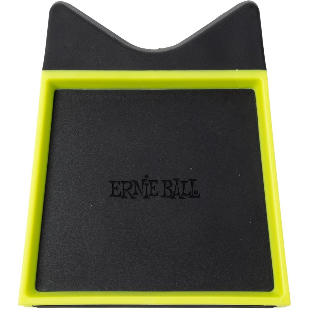 Ernie Ball cat-shaped desk mat with a black center and a bright neon yellow border, shown on a white background.