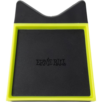 Ernie Ball cat-shaped desk mat with a black center and a bright neon yellow border, shown on a white background.