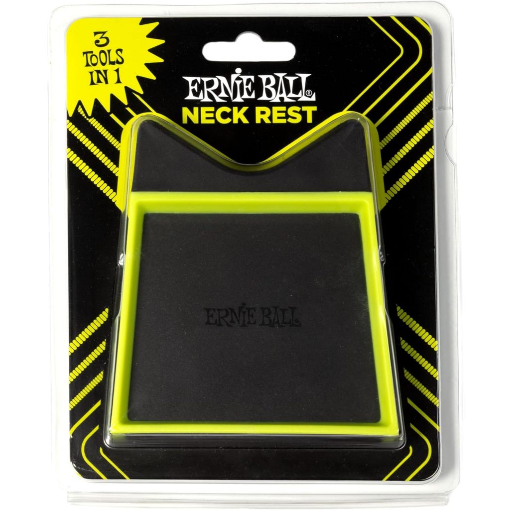 Ernie Ball Neck Rest in its retail blister packaging, featuring a black neck rest with a bright neon yellow-green border and a black backing card with yellow accents.