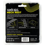Ernie Ball Neck Rest set in its original clear plastic blister packaging, showing the back of the black cardboard insert which features product diagrams and branding.