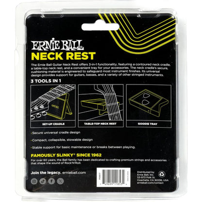Ernie Ball Neck Rest set in its original clear plastic blister packaging, showing the back of the black cardboard insert which features product diagrams and branding.