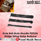 Three black Ernie Ball mute noodle noise reducer clips shown on a pink textured background with brand and product text overlays.