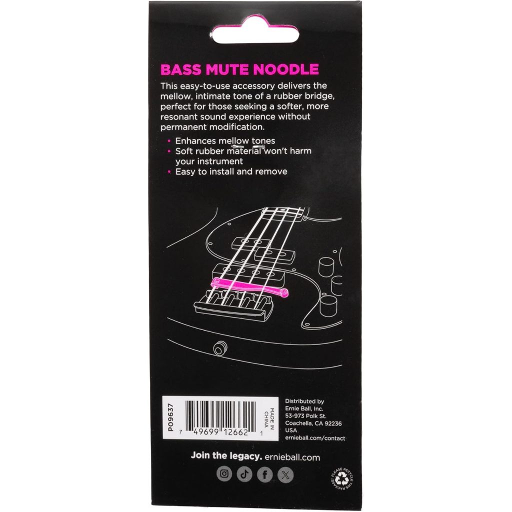 Back of the retail packaging for an Ernie Ball Bass Mute Noodle, featuring product description text, a line drawing of a bass guitar with a pink mute noodle, and a barcode on a black background.