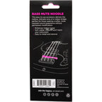 Back of the retail packaging for an Ernie Ball Bass Mute Noodle, featuring product description text, a line drawing of a bass guitar with a pink mute noodle, and a barcode on a black background.