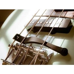 Close-up of a guitar bridge and strings with a dark brown tremolo arm, set against a light-colored body and warm golden lighting.