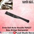 Ernie Ball Mute Noodle P09637 Bass Bridge Dampener in black, shown on a pink background with a small inset photo of a bass guitar bridge and text overlays.