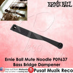 Ernie Ball Mute Noodle P09637 Bass Bridge Dampener in black, shown on a pink background with a small inset photo of a bass guitar bridge and text overlays.
