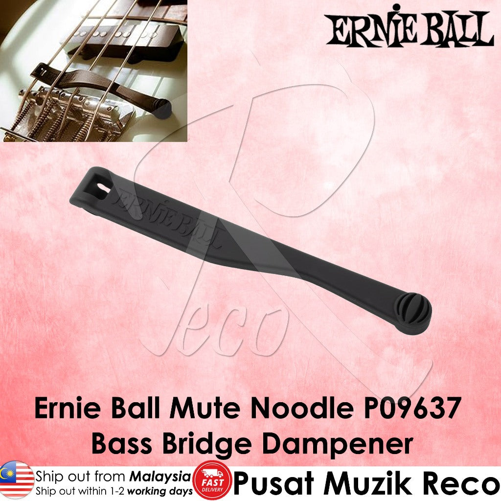 Ernie Ball Mute Noodle P09637 Bass Bridge Dampener in black, shown on a pink background with a small inset photo of a bass guitar bridge and text overlays.